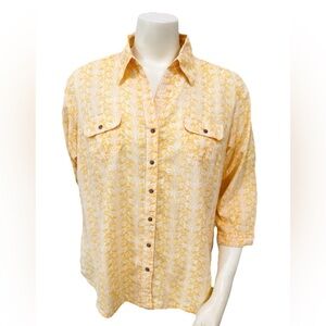 Columbia Women’s Linen Blend Button Up Shirt Yellow Palm Leaf Print Medium